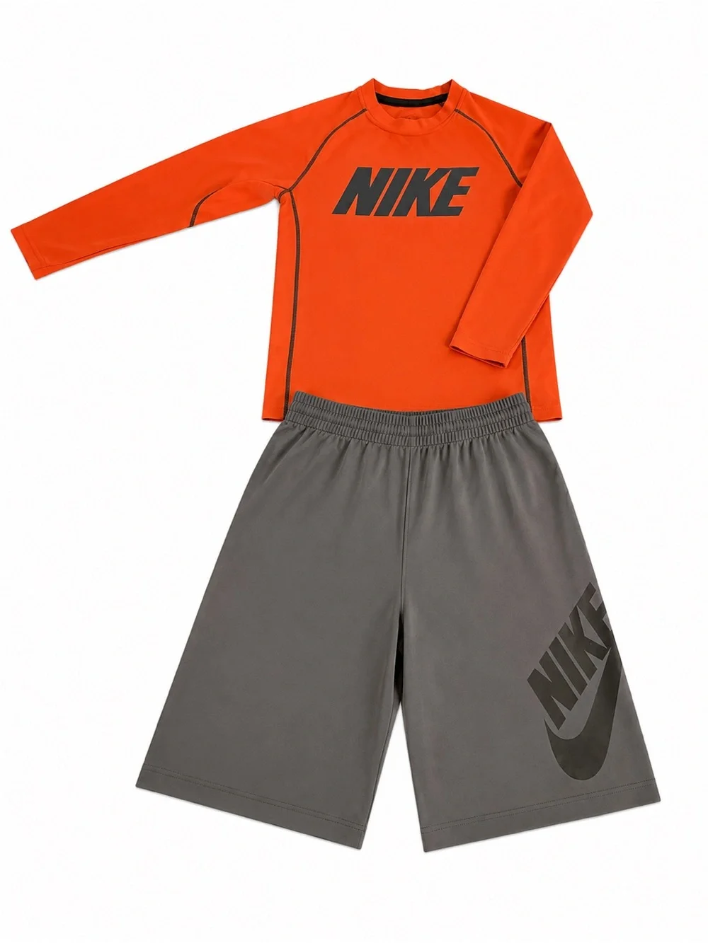 NIKE Dri-Fit Youth Athletic Outfit Orange Gray Long Sleeve Shirt & SB Shorts